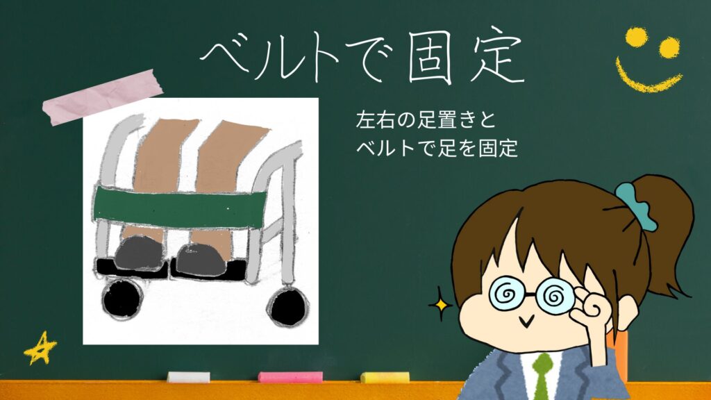 車いすの足置きから足が落ちないために、ベルトで固定して工夫している画像