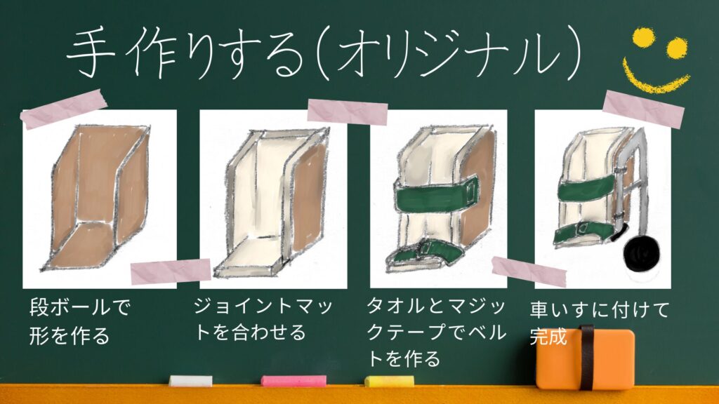 車いすの足置きから足が落ちないために、手作りで安く工夫している画像