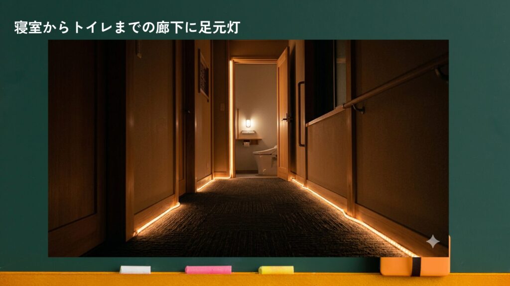 廊下に足元灯があると、夜トイレに行きたくなって起きても、足元が見寧から転倒しにくい。