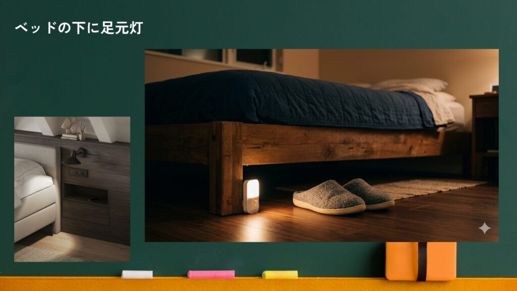 ベッドの下に足元灯があると、夜トイレに行きたくなって起きても、転倒しにくくなる。