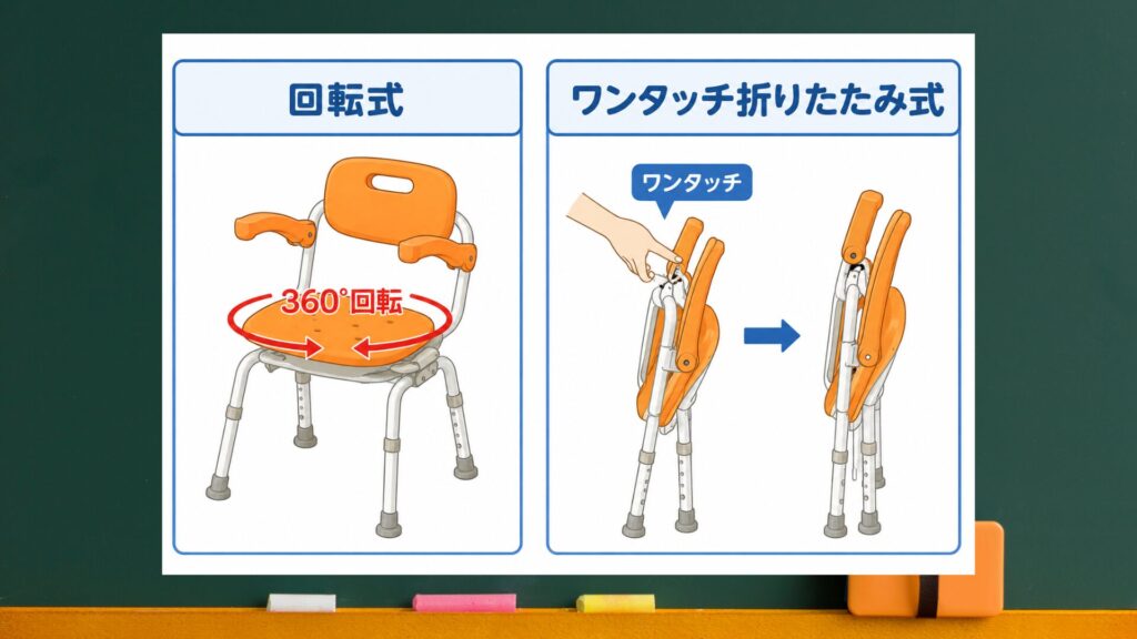 回転式、ワンタッチ折りたたみ式のシャワーイスのイラスト