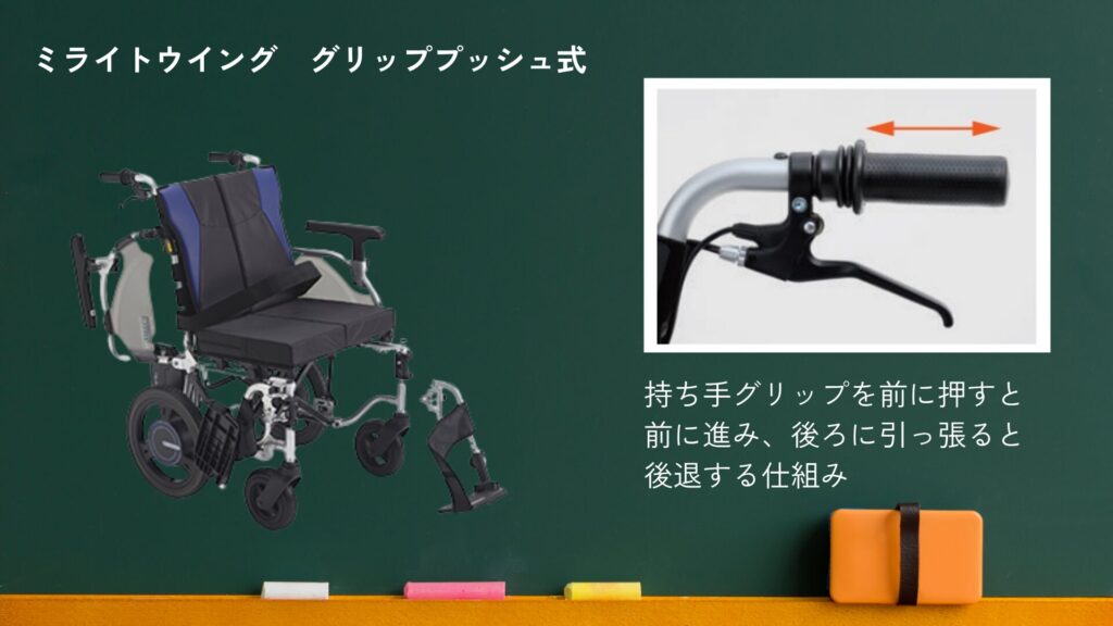 ミライトウイング　グリッププッシュ式　介助用電動アシスト車いす(株式会社ミキ)